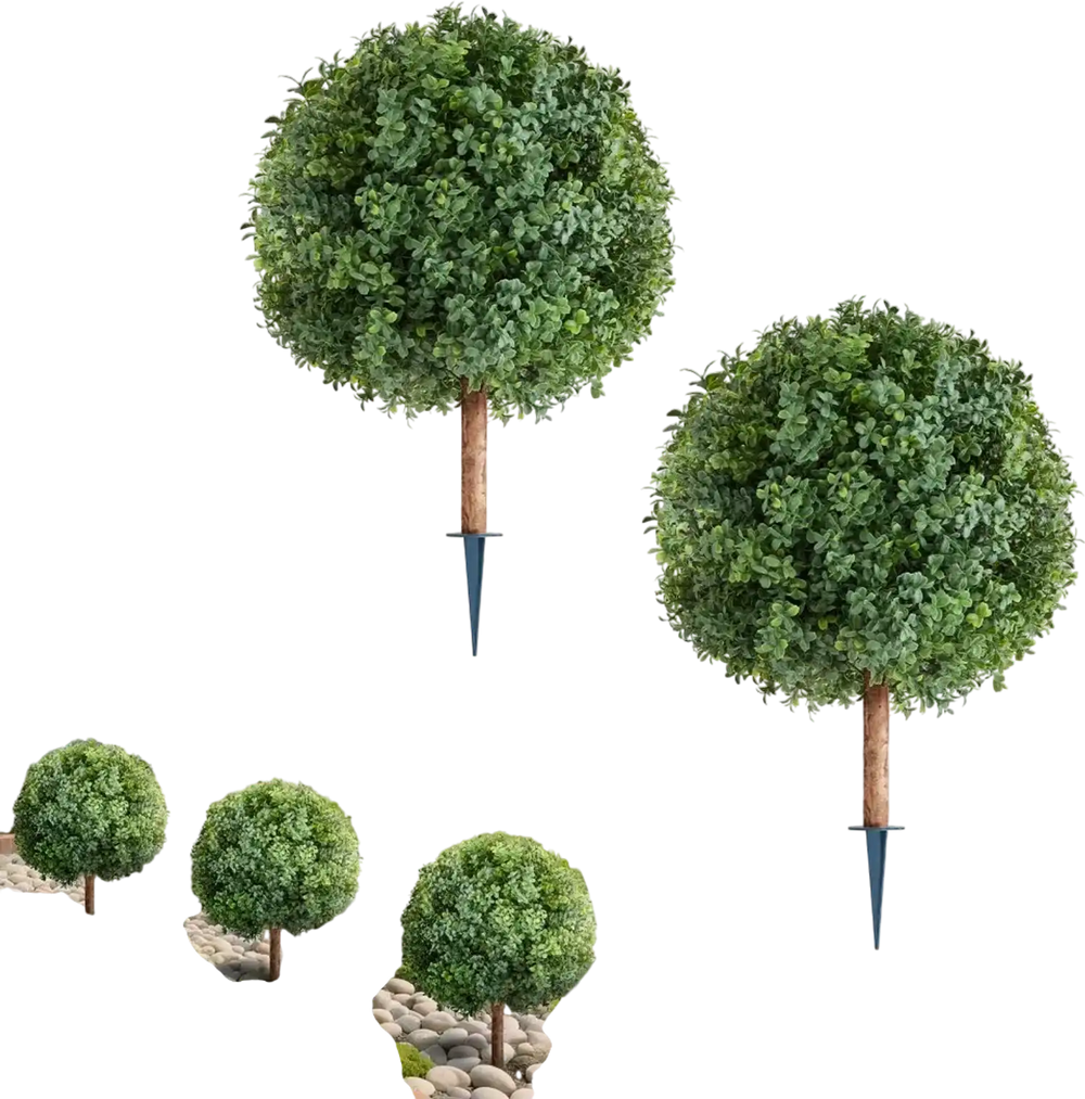 VEVOR Artificial Topiary Boxwood Trees with Ground Spike, 27 inch 2 Set Faux Shrubs & Bushes Potted Plants, Fake Silk Tree Look Real for Decor Front Porch Outdoor Indoor Patio Garden Balcony Backyard