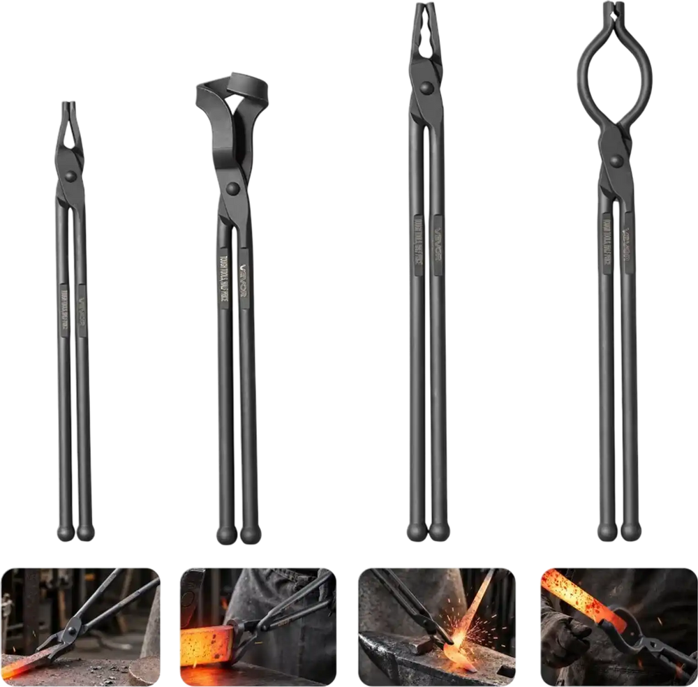 VEVOR Blacksmith Tongs 4-Piece V-Bit/Flat/Blade/Wolf Jaw Tongs Set Black, for Bladesmithing & Blacksmithing, Firm Grip, Extended Handles, Premium Carbon Steel, Forge Tongs Bundle Set with Rivets