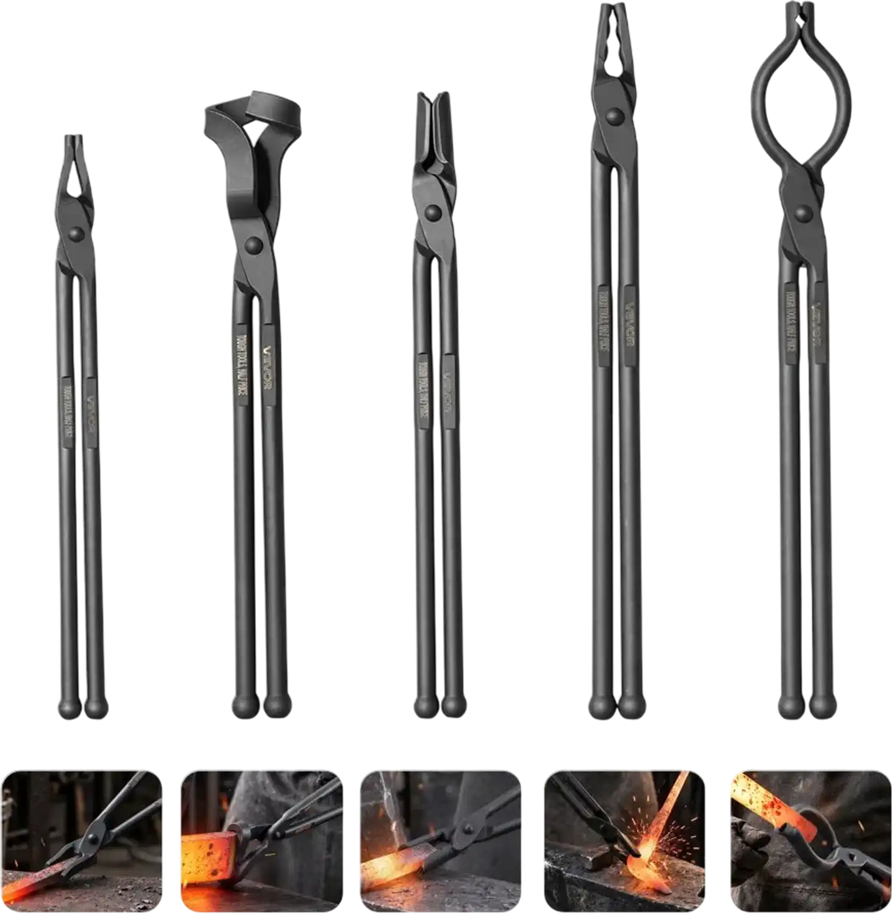 VEVOR Blacksmith Tongs 5-Piece V-Bit/Flat/Blade/Square/Wolf Jaw Tongs Set, for Bladesmithing & Blacksmithing, Firm Grip, Extended Handles, Premium Carbon Steel, Forge Tongs Bundle Set with Rivets