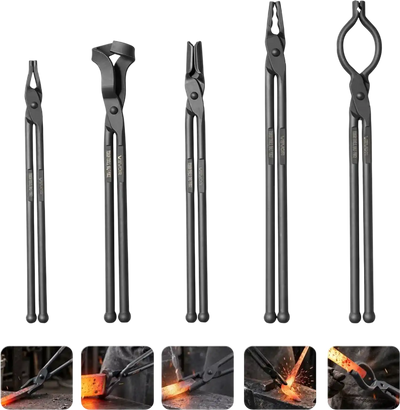 Vevor Blacksmith Tongs 5-Piece V-Bit Flat Blade Square Wolf Jaw Set New