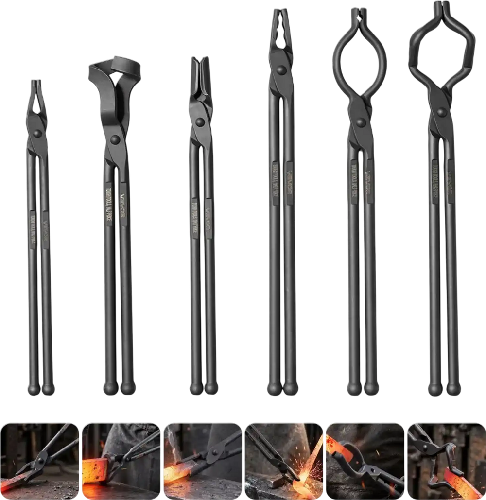 VEVOR Blacksmith Tongs 6-Piece V-Bit/Flat/Blade/Square/Wolf Jaw/ZV Tongs, for Bladesmithing & Blacksmithing, Firm Grip, Extended Handles, Premium Carbon Steel, Forge Tongs Bundle Set with Rivets