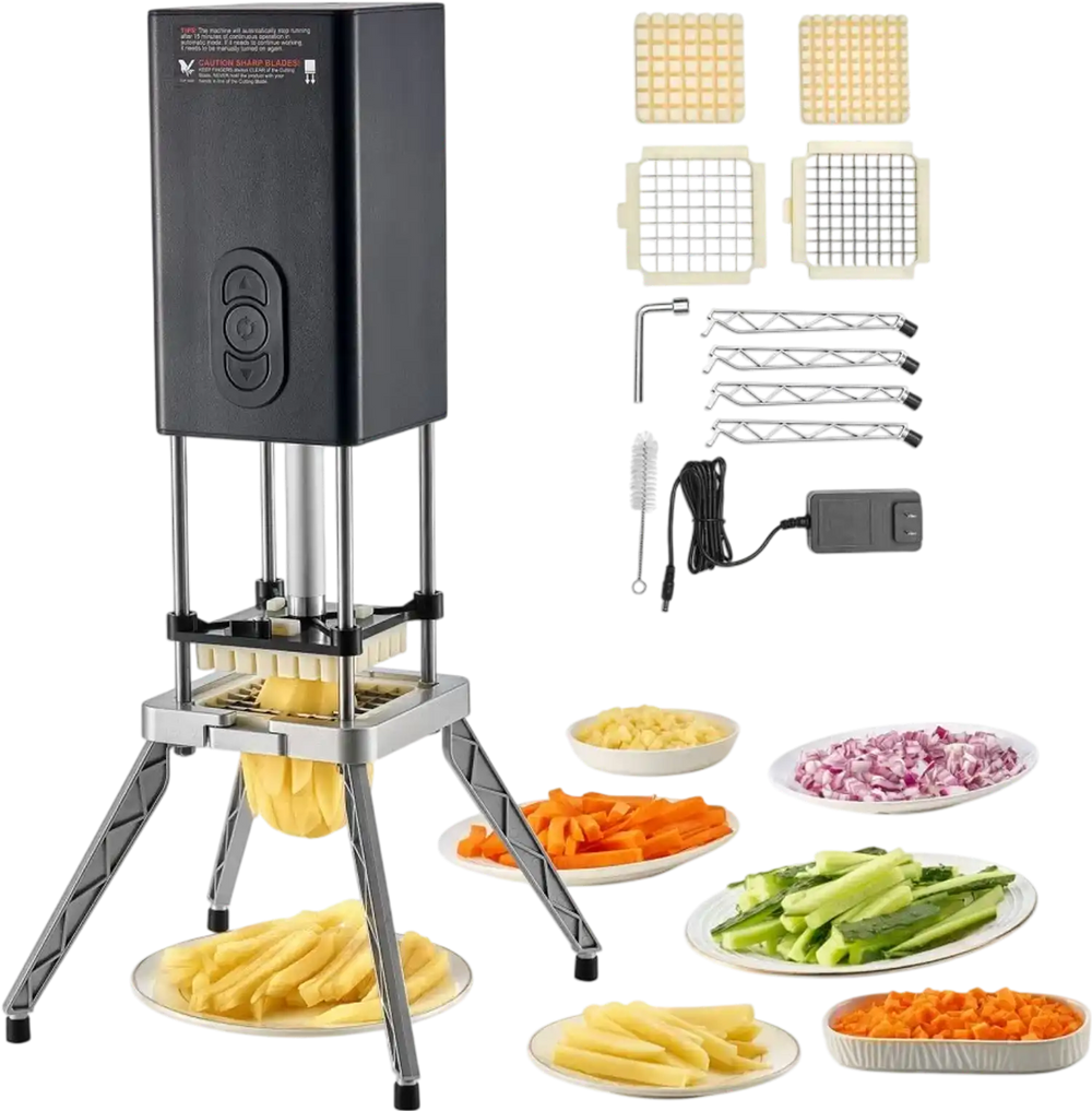 VEVOR Commercial French Fry Cutter, Stainless Steel Vegetable Fruit Chopper with 2 Replacement Blades 1/2-Inch 3/8-Inch, Electric Potato Slicer Dicer for Restaurants & Home Kitchen