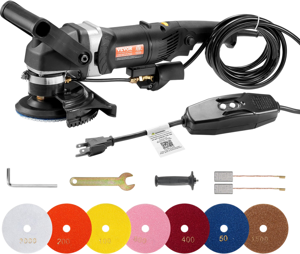 VEVOR Wet Polisher 800W, 4" Concrete Grinder with 6 Variable Speed and 7 Polishing Kits, Wet Grinder Machine for Marble, Granite, Stone, Rock, Tile, Equipped with a GFCI Switch, (700 - 3000 RPM)