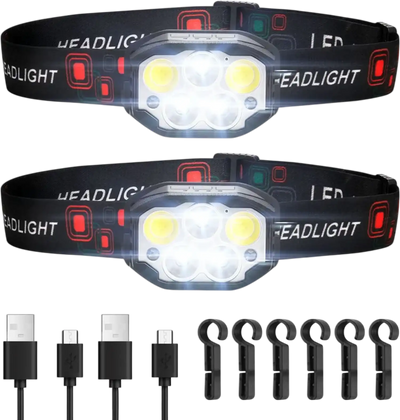 VEVOR 2 Pack Headlamps, Bright LED Rechargeable Headlight, Lightweight Head Flashlight with 12 Lighting Modes & Motion Sensor, Adjustable Headband, Head Lamps for Camping, Running, Hiking, Fishing