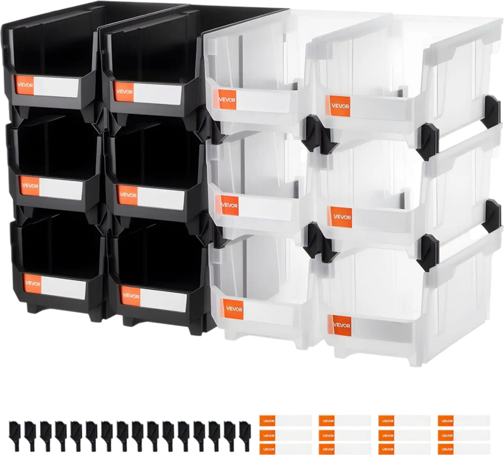 VEVOR Plastic Stackable Storage Bins, 14.8 x 8.5 x 7.1 inch (12 Pack), Plastic Containers for Organizing & Storage Bins for Garage, Small Parts, Office Supplies, Other Accessories, Black & Transparent