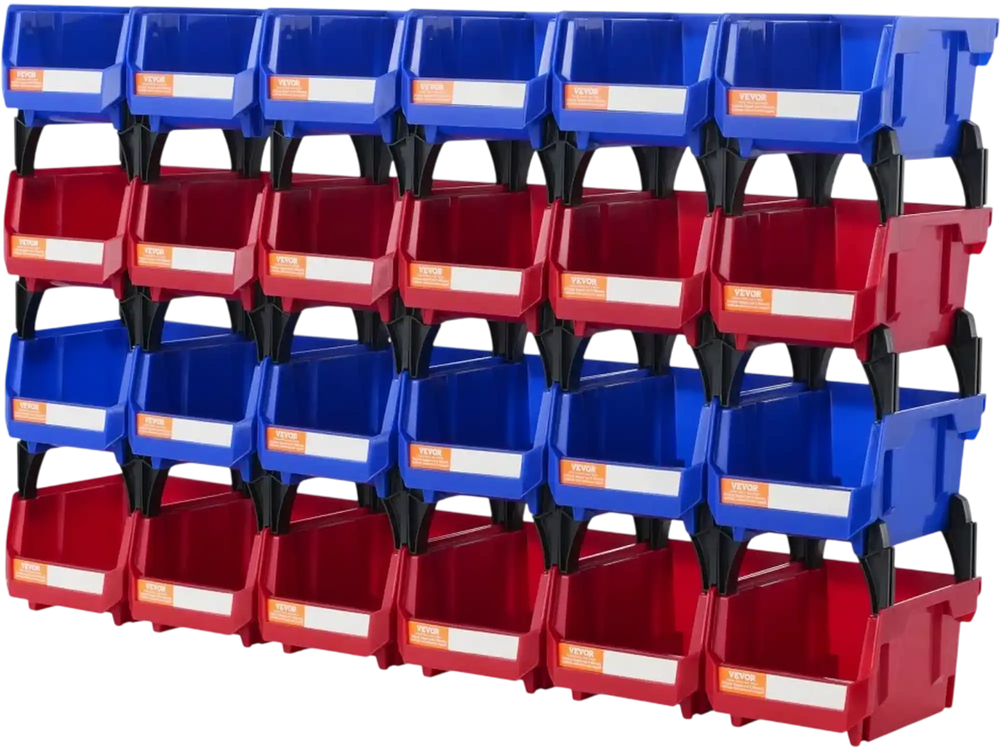 VEVOR Plastic Storage Bin, (5-Inch x 4-Inch x 3-Inch), Hanging Stackable Storage Organizer Bin, Blue/Red, 24-Pack, Heavy Duty Stacking Containers for Closet, Kitchen, Office, or Pantry Organization