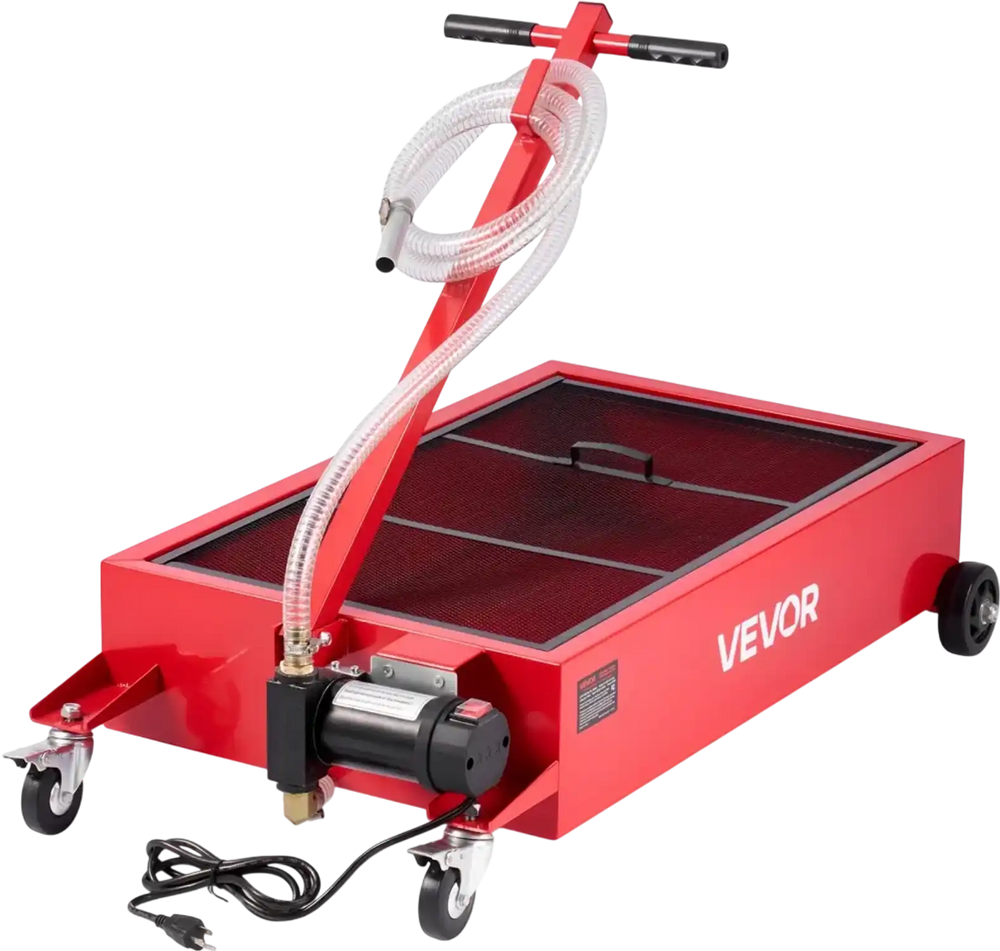 VEVOR Low Profile Oil Drain Pan, 17 Gallon Capacity, Rolling Oil Drain Pan with Electric Pump, 7.2 ft Hose & T Folding Handle, Leak-proof & Corrosion-resistant, Fit for Cars, SUVs, Trucks, ATVs, Red