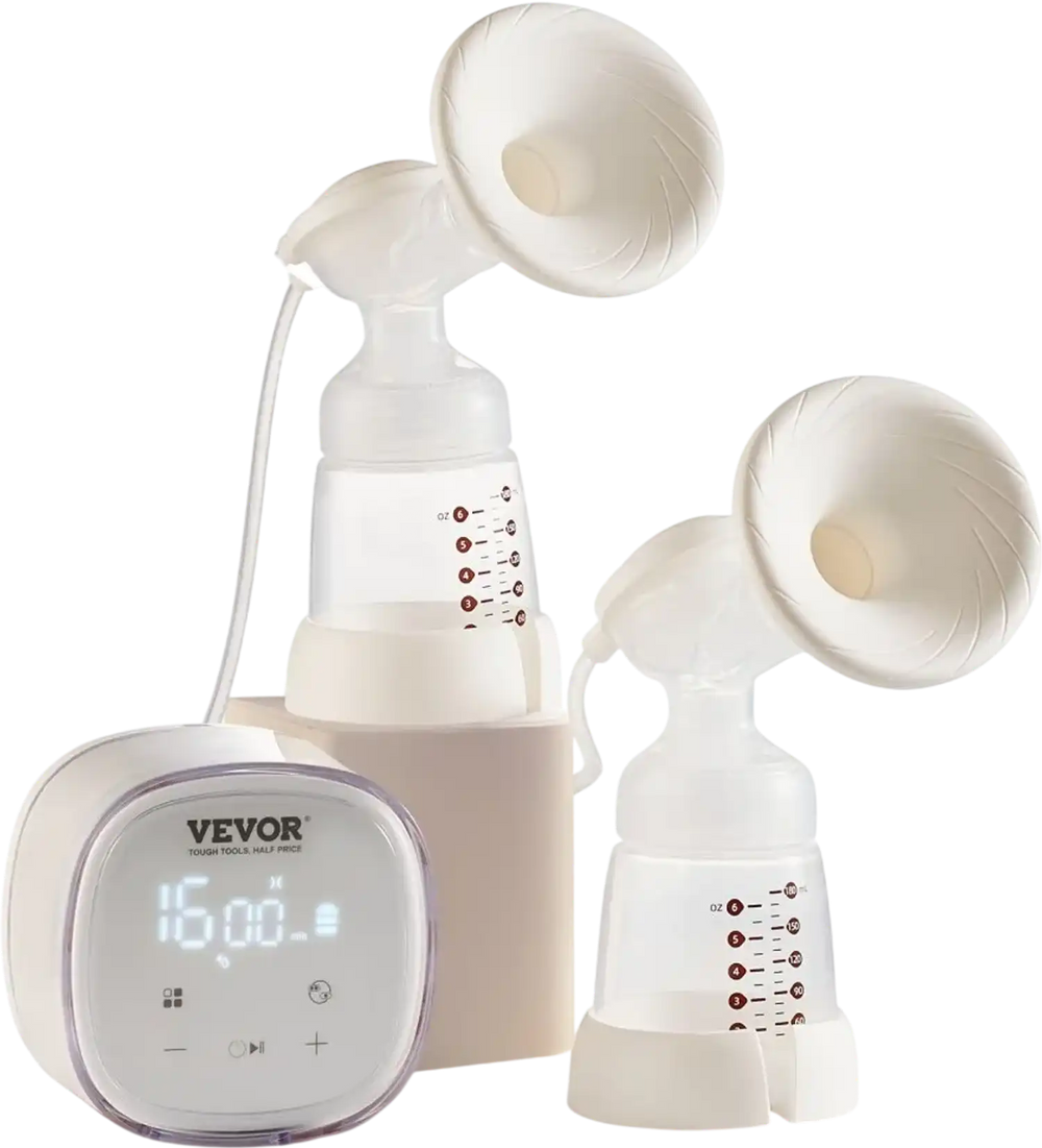 VEVOR Breast Pump, Double Electric Breast Pumps, 4 Modes & 16 Levels, 300mmHg Strong Suction, 2800mAH Rechargeable Anti-Backflow Breastfeeding Pump with LED Display, 18/21mm Inserts, 24/28mm Flanges