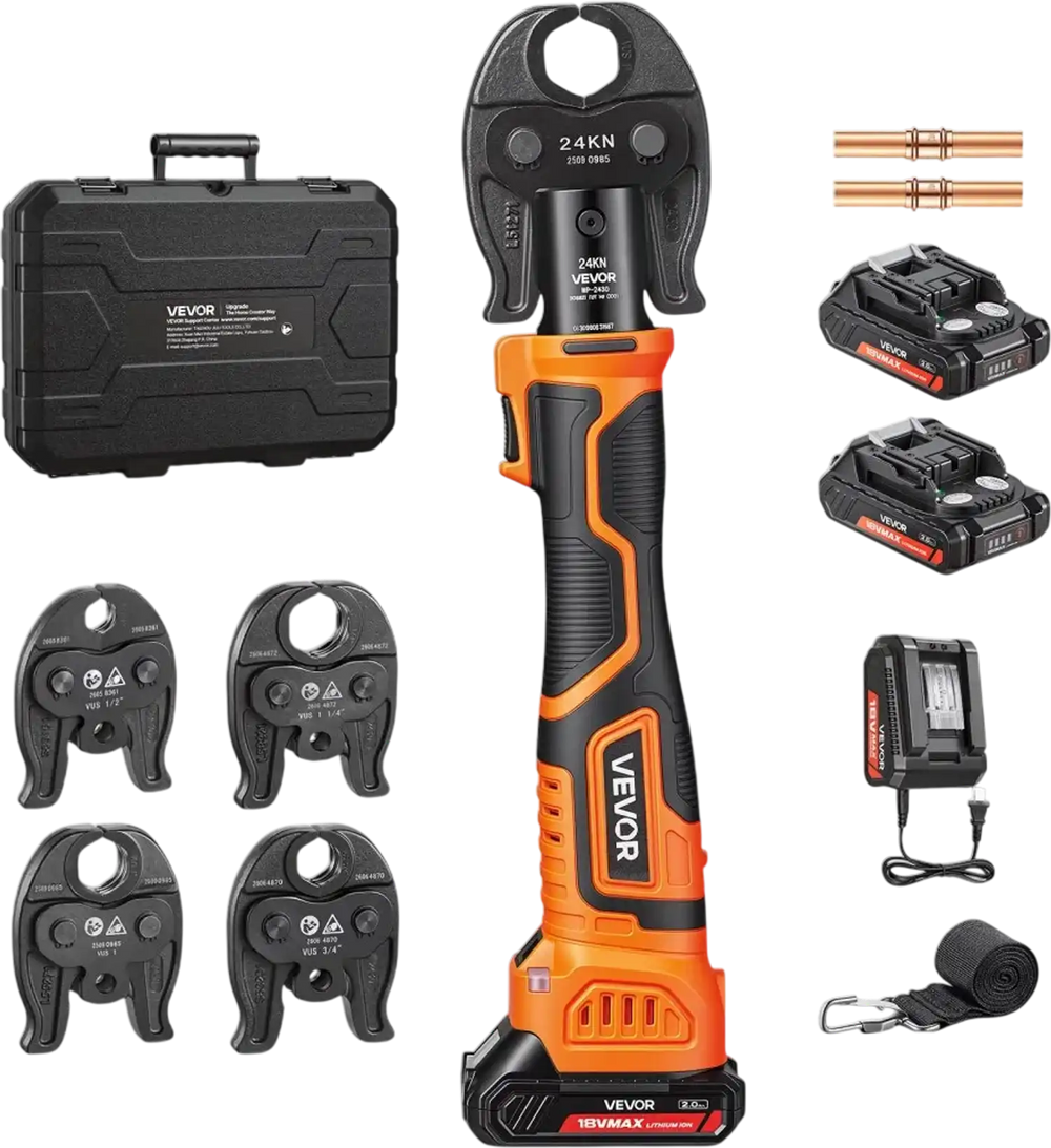 VEVOR 18V Electric Press Tool for 1/2", 3/4", 1", 1-1/4" Copper Pipes, 24KN Compact Pipe Crimping Tool Kit, Compatible with ProPress - with 4 VUS Jaws, 2pcs 2AH Battery, Fast Charger & Toolbox