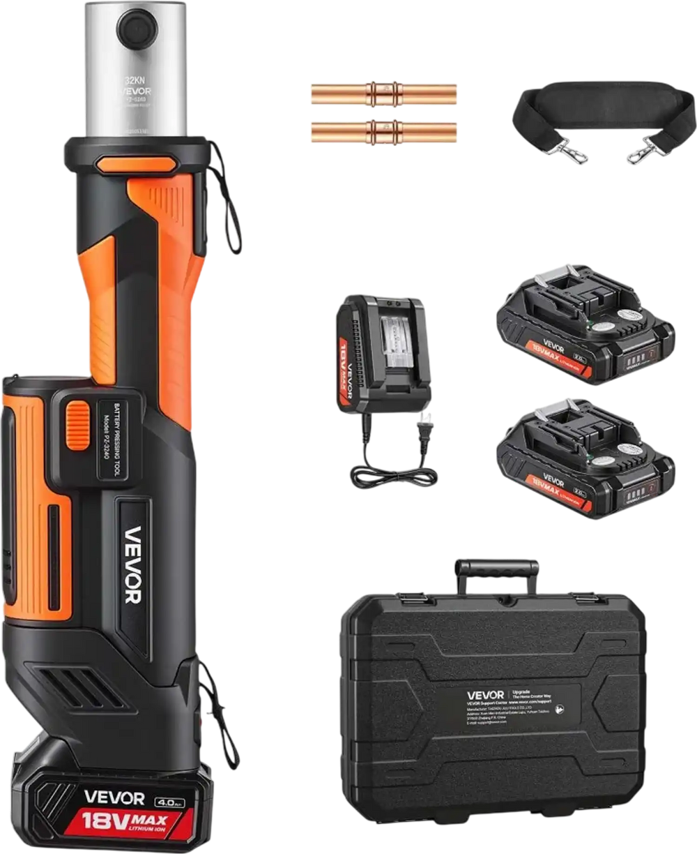 VEVOR Press Tool, 18V Electric Pipe Crimping Tool, 32KN Powerful Standard Output, Brushless Motor, 360 ° Rotating Head, with 2pcs 4AH Battery, Fast Charger & Toolbox (JAWS NOT INCLUDED)
