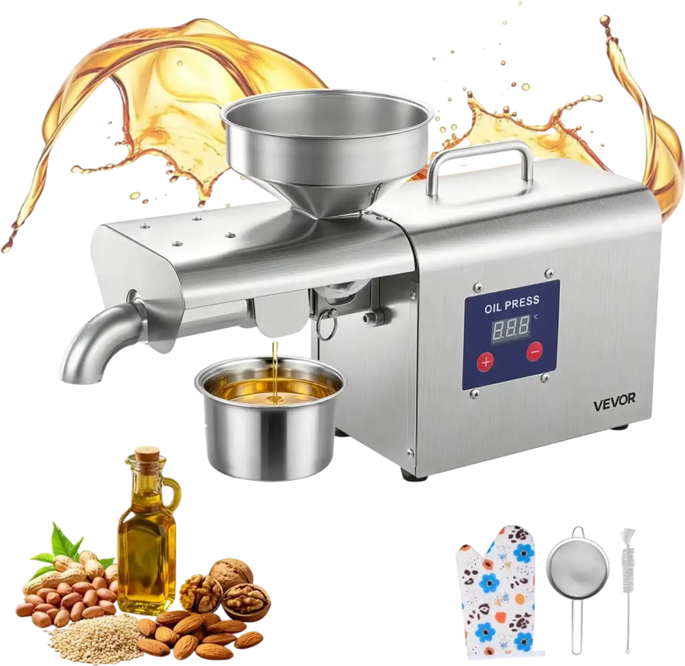 VEVOR Oil Press Machine, 8.27 LBS/H Capacity, 750W Oil Extractor Machine, Automatic Electric Oil Maker for Home Commercial Use, 122℉–572℉ Hot Pressing for Peanuts Sesames Soybeans Almonds