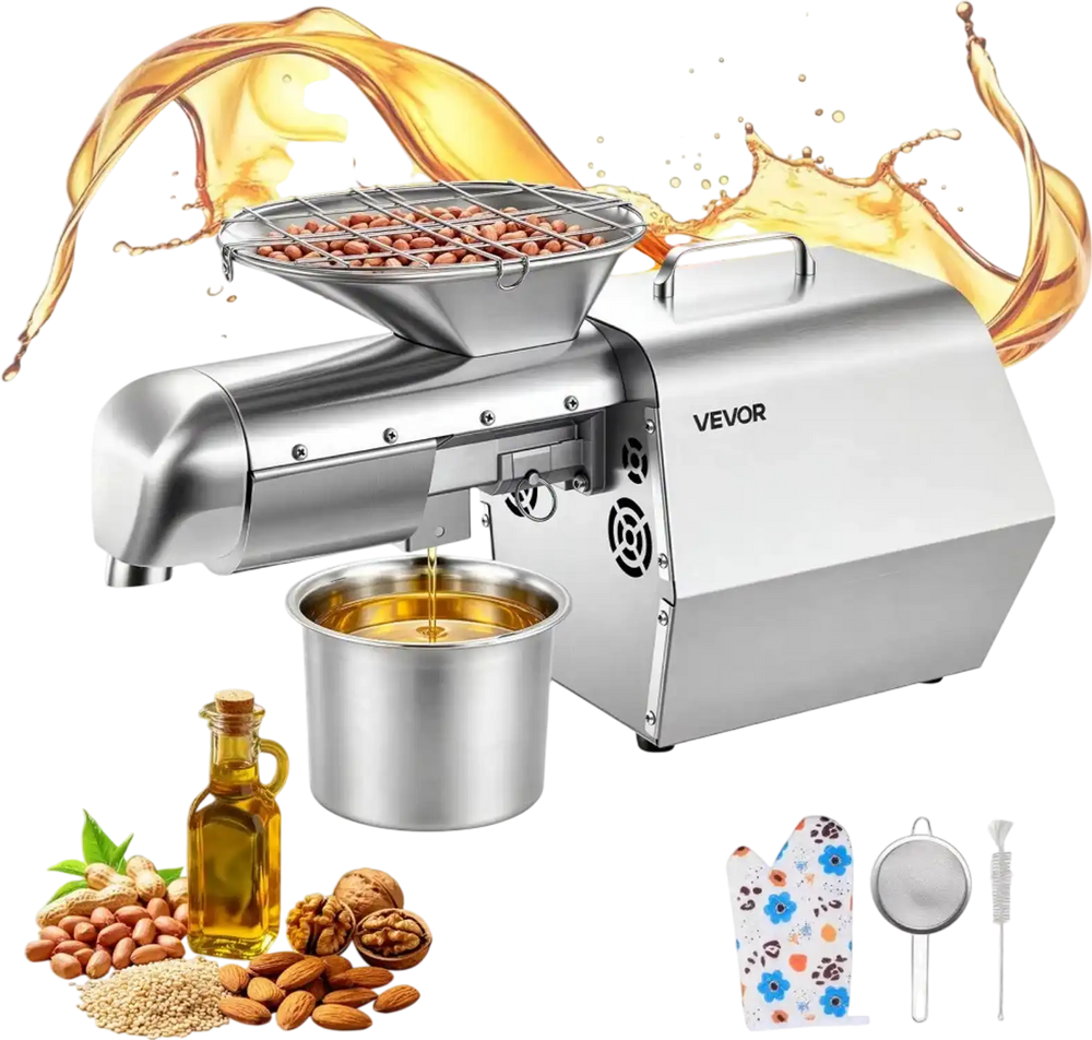 VEVOR Oil Press Machine, 11 LBS/H Capacity, 1250W Oil Extractor Machine, Automatic Electric Oil Maker for Home Commercial Use, 122℉–572℉ Hot & Cold Pressing for Peanuts Sesames Soybeans Almonds