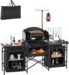 VEVOR Camping Kitchen Table, Outdoor Camp Cooking Table, Aluminum Portable Cook Station with 3 Storage Cupboard, Carrying Bag, Detachable Windscreen, Quick Set-up for BBQ Party Picnic RV Travel, Black