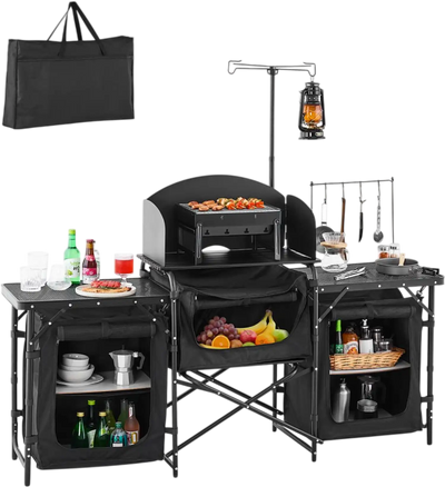 VEVOR Camping Kitchen Table, Outdoor Camp Cooking Table, Aluminum Portable Cook Station with 3 Storage Cupboard, Carrying Bag, Detachable Windscreen, Quick Set-up for BBQ Party Picnic RV Travel, Black