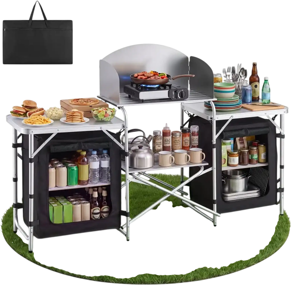 VEVOR Folding Camping Table, Outdoor Portable Aluminum Lightweight Table, Quick Set-up Kitchen Cook Station, with Storage Organizer, Detachable Windscreen, Carrying Bag, Ideal for Picnic BBQ Traveling