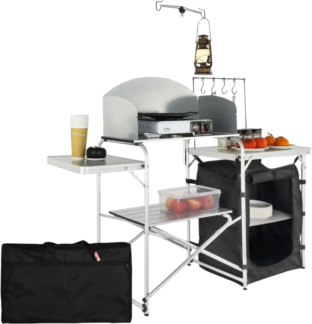 VEVOR Camping Kitchen Table, Folding Outdoor Cooking Table with Storage Carrying Bag, Aluminum Cook Station 1 Cupboard & Detachable Windscreen, Quick Set-up for Picnics, BBQ, RV Traveling, Black