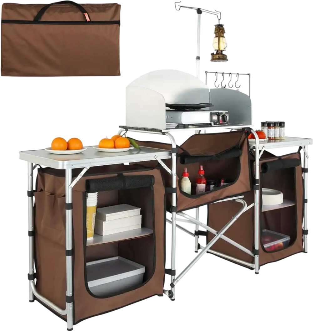 VEVOR Camping Kitchen Table, Folding Outdoor Cooking Table with Storage Carrying Bag, Aluminum Cook Station 3 Cupboard & Detachable Windscreen, Quick Set-up for Picnics, BBQ, RV Traveling, Brown