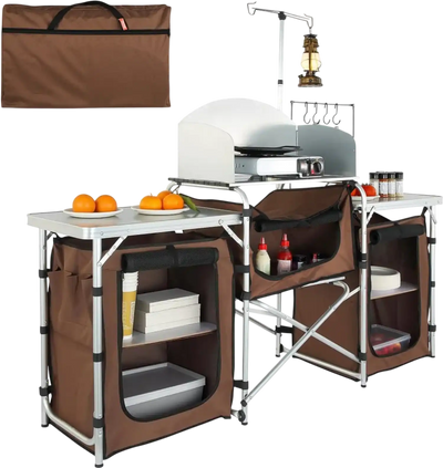 Vevor Camping Kitchen Table Folding Outdoor Cooking Table with Storage Bag Brown New