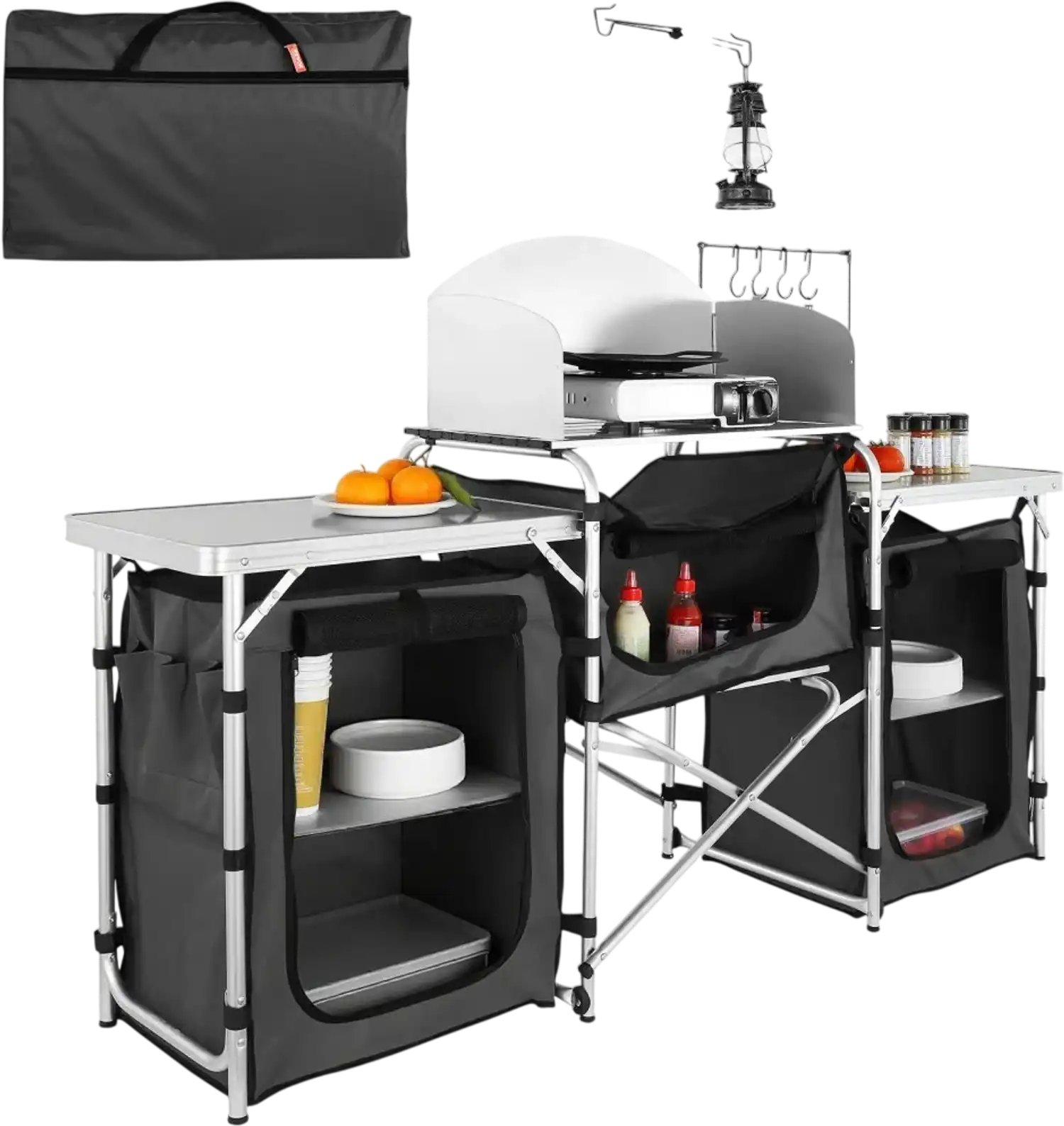 Vevor Camping Kitchen Table Folding Outdoor Cooking Table with 3 Cupboards & Windscreen New