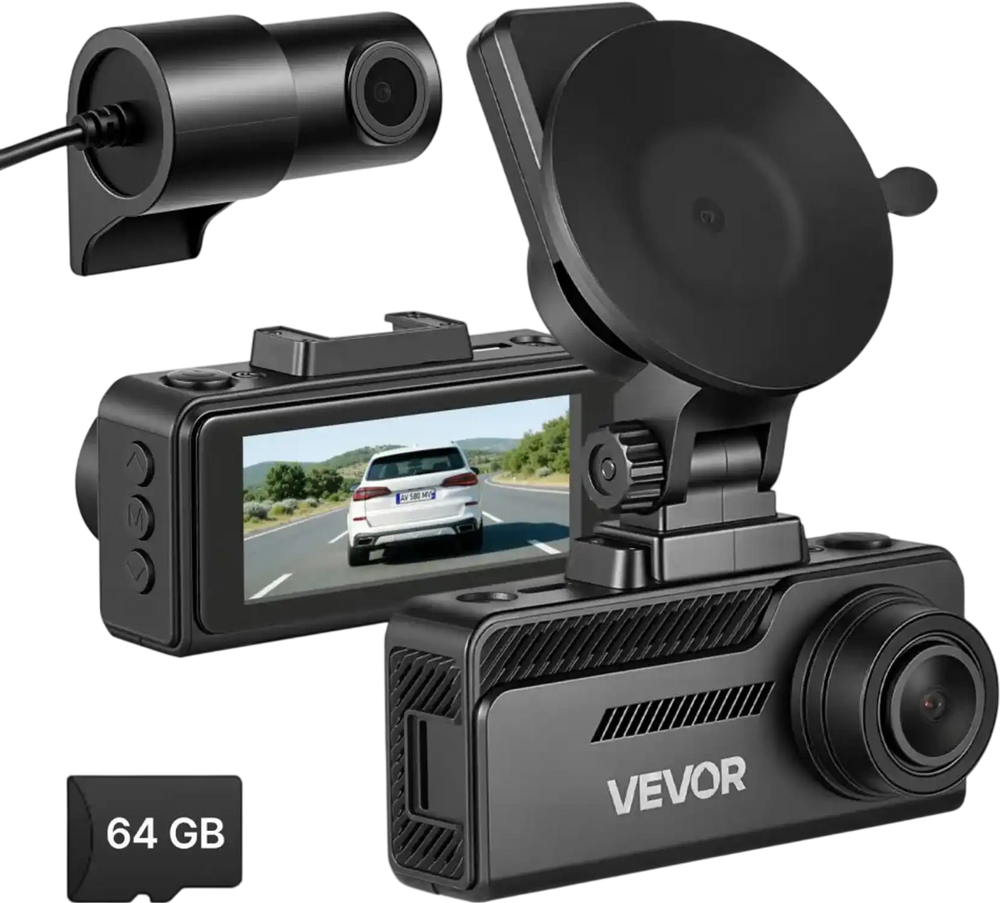 VEVOR Dash Cam Front and Rear, 4K+1080P, 64 GB Card Included, Dual Channel Dash Camera for Cars with Built-in GPS, G-Sensor, Front 129° & Rear 125°, 3.18" Touch Screen, Loop Recording, Parking Mode