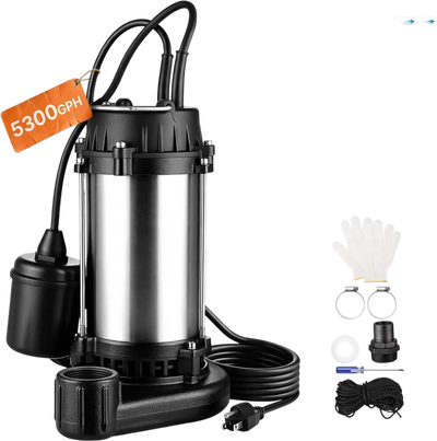 Vevor Sewage Pump 1 HP 5300 GPH Stainless Steel Submersible Sump Pump with Float Switch New