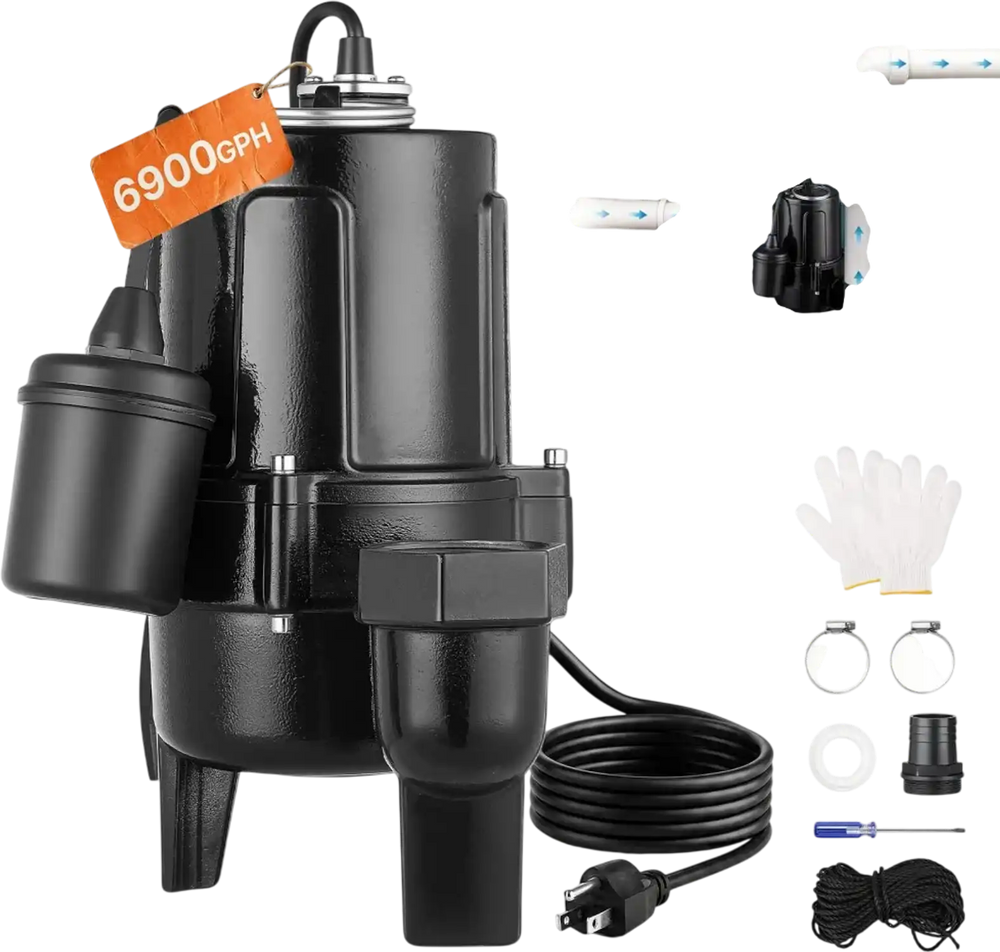 VEVOR Submersible Sump Pump 1/2 HP 6900 GPH Cast Iron Sewage/Effluent Pump, for Basement Septic Tank Residential, Automatic Tethered Float Switch, 2-Inch NPT Discharge, 20 ft Lift, IPX8 Waterproof