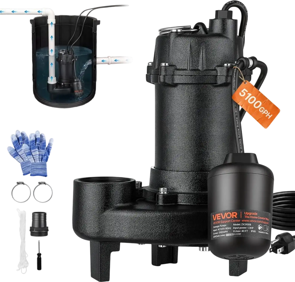 VEVOR Submersible Sump Pump 1.3 HP 5100 GPH Cast Iron Sewage/Effluent Pump, for Basement Septic Tank Residential, Automatic Tethered Float Switch, 2-Inch NPT Discharge, 40 ft Lift, IPX8 Waterproof