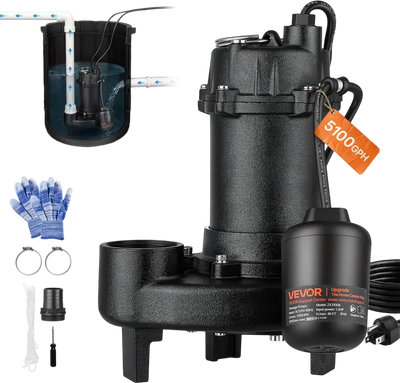 Vevor Sewage Pump 1.3 HP 5100 GPH Cast Iron Submersible for Basement Septic Tank with Float Switch New