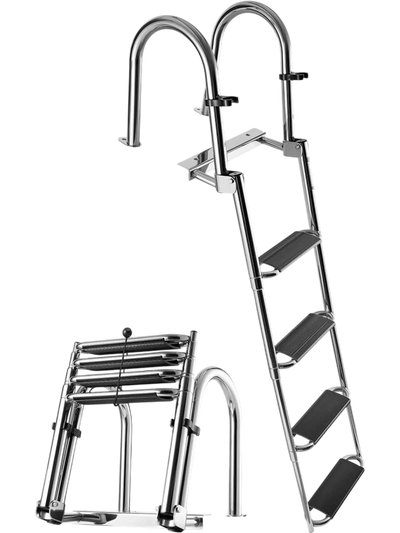 VEVOR Boat Ladder, 4 Steps, Stainless Steel Telescoping Folding Swim Deck Ladder for Rear Entry Inboard, 600lbs Capacity with Extra Wide Anti-Slip Steps & Handrails, for Outboards, Yacht, Pontoon Boat