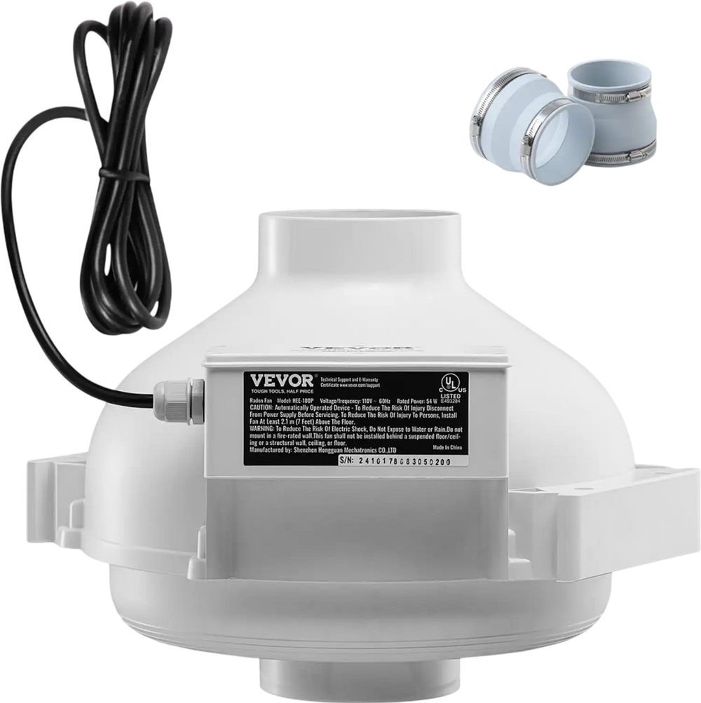 VEVOR 4 to 4.5 inch Radon Mitigation Fan System, Quiet 190 CFM Radon Mitigation Kit with 2 Couplers, Waterproof Radon Fan Electric Inline Duct Fan Exhaust Fan for Indoor Outdoor Ventilation