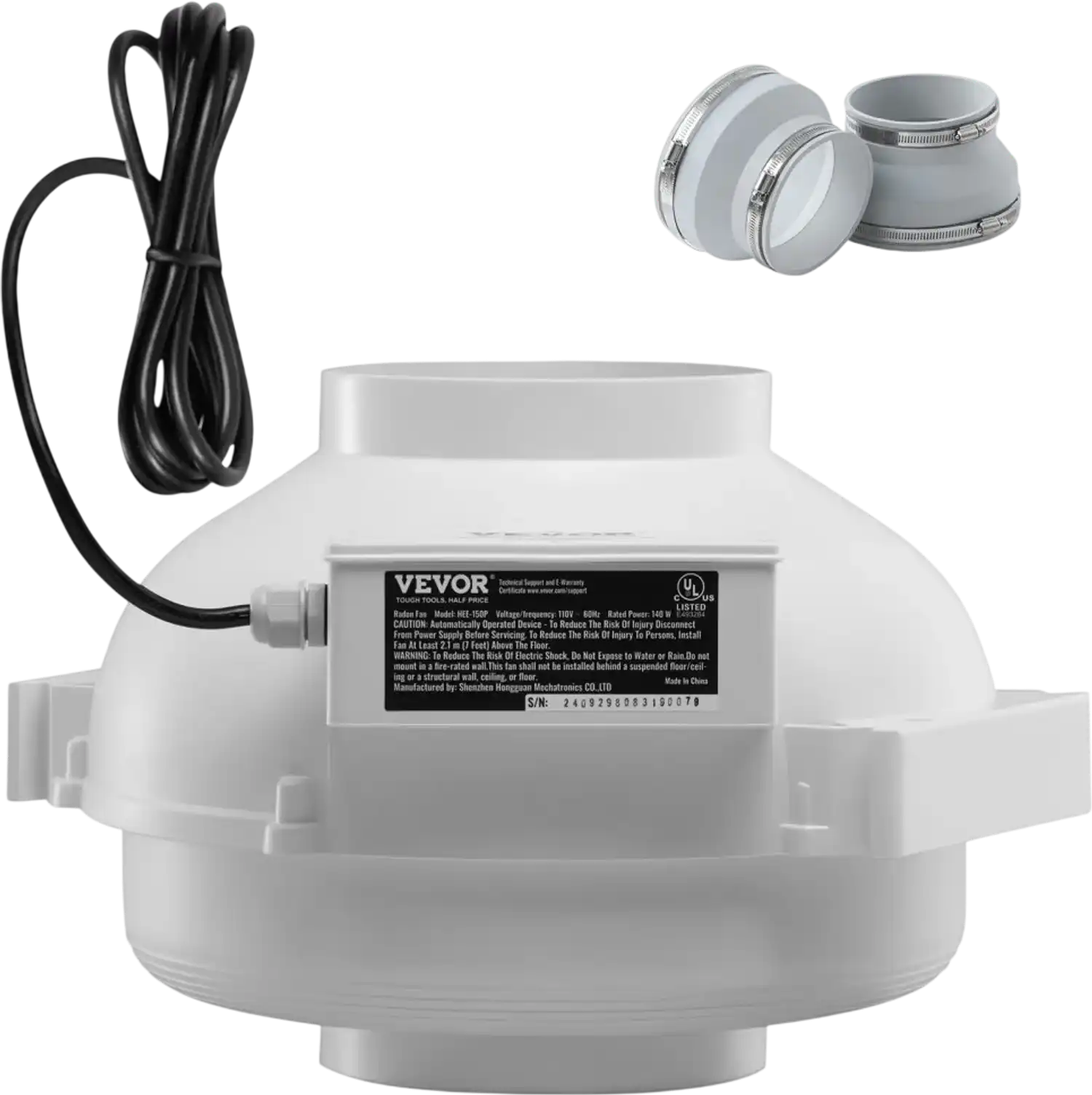 Vevor Radon Fan Quiet 380 CFM Mitigation System with 2 Couplers Waterproof 4