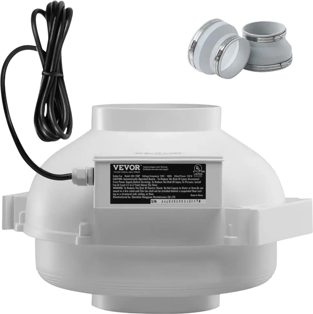 VEVOR 4 to 4.5 inch Radon Mitigation Fan System, Quiet 380 CFM Radon Mitigation Kit with 2 Couplers, Waterproof Radon Fan Electric Inline Duct Fan Exhaust Fan for Indoor Outdoor Ventilation