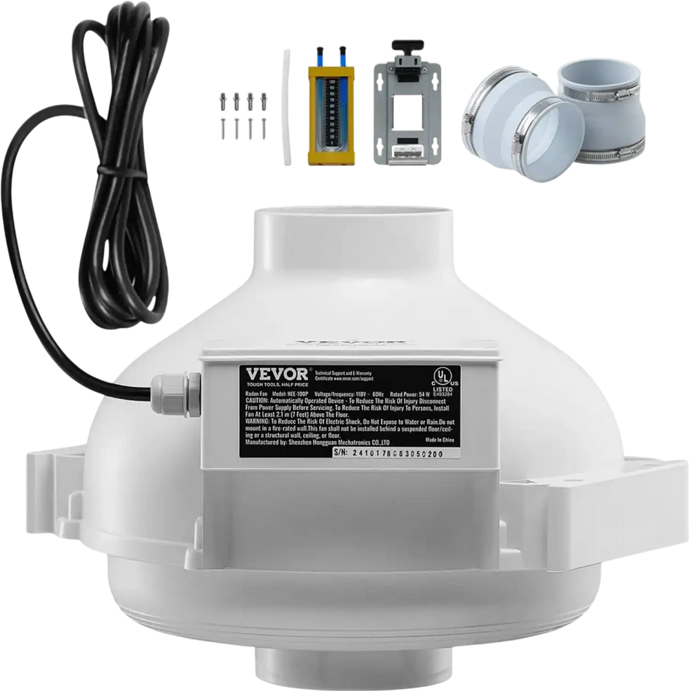 VEVOR 4 to 4.5 inch Radon Fan Installation Kit, Quiet 190CFM Radon Mitigation Fan System Kit with 2 Couplers, Pressure Indicator, Waterproof Inline Duct Fan Exhaust Fan for Indoor Outdoor Ventilation