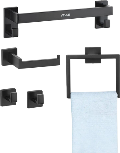 VEVOR Matte Black Bathroom Hardware Set, 5 Pieces Bathroom Accessories Set, Stainless Steel 16 inch Towel Bar, Towel Rack, 2 Robe Towel Hooks, Toilet Paper Holder for Bath Room, Wall Mounted