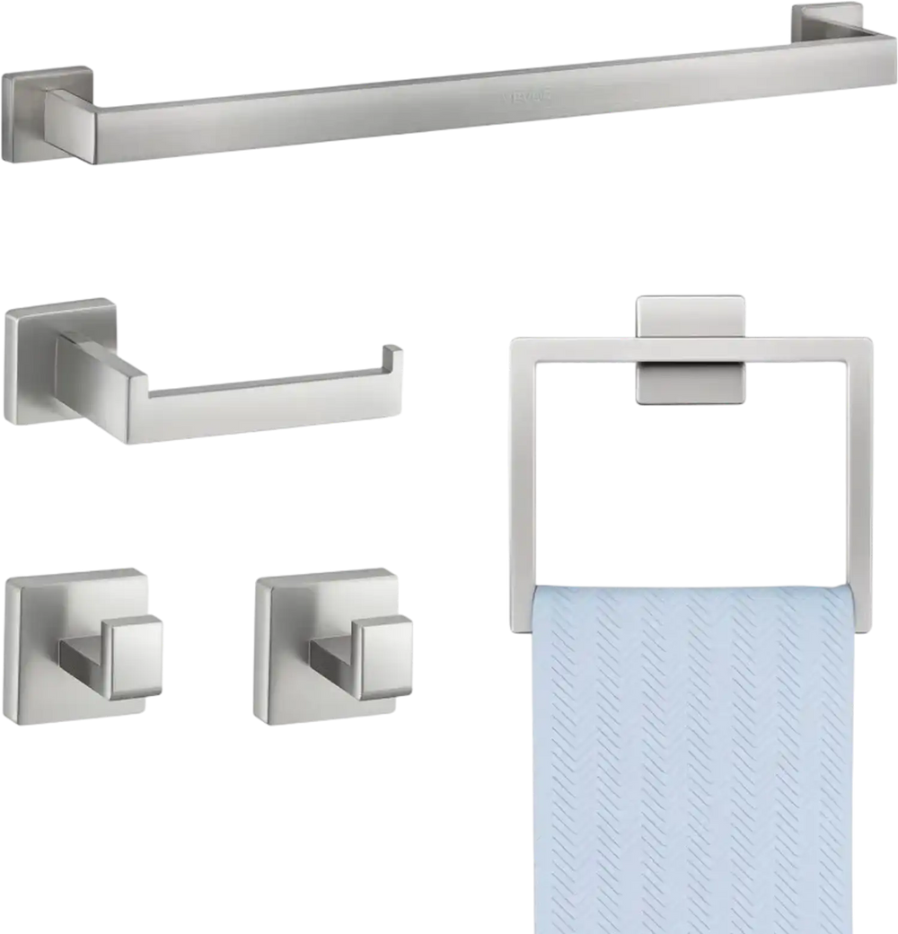 VEVOR Brushed Nickel Bathroom Hardware Set, 5 Pieces Bathroom Accessories Set, Stainless Steel 24 inch Towel Bar, Towel Rack, 2 Robe Towel Hooks, Toilet Paper Holder for Bath Room, Wall Mounted
