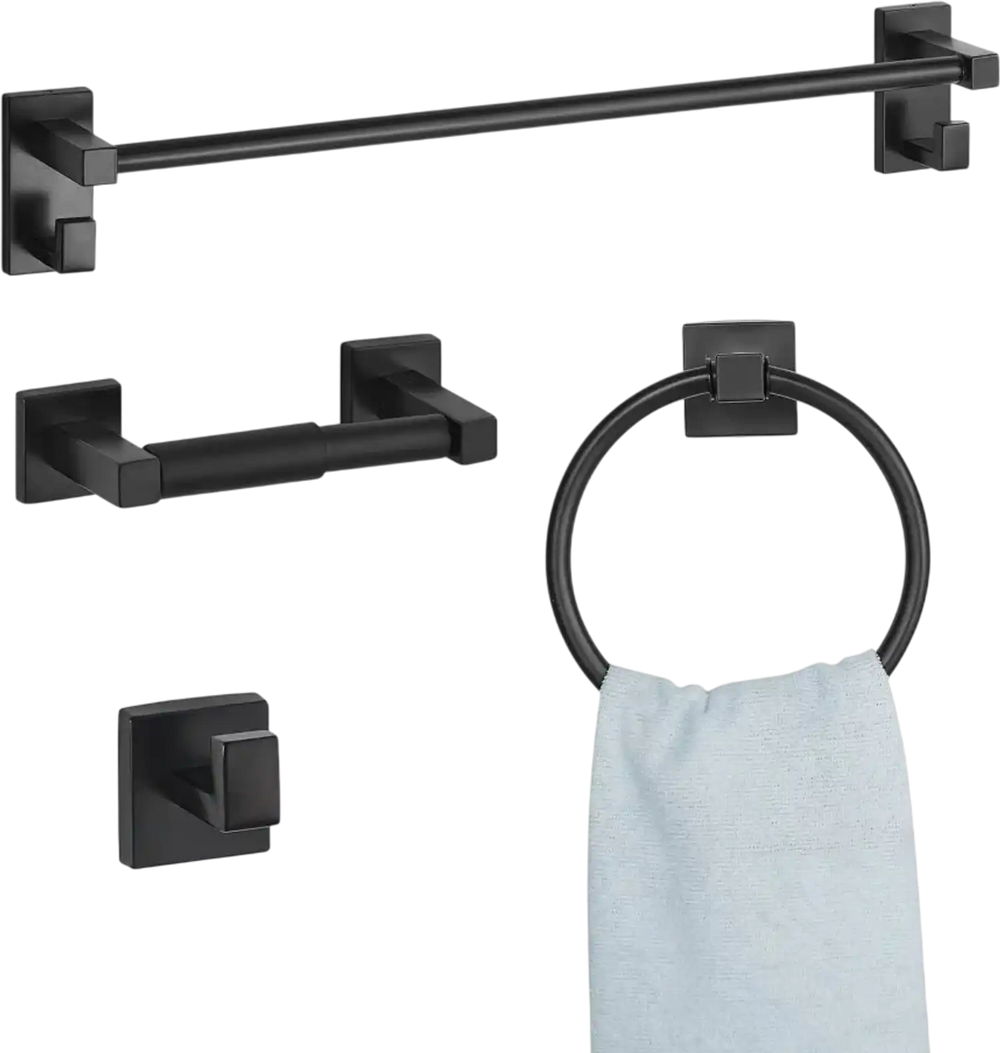 VEVOR Matte Black Bathroom Hardware Set, 4 Pieces Stainless Steel Bathroom Accessories Set, 24-inch Towel Bar, Towel Ring, Robe Towel Hook, Toilet Paper Holder, for Bath Room, Wall Mounted