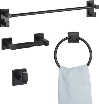 VEVOR Matte Black Bathroom Hardware Set, 4 Pieces Stainless Steel Bathroom Accessories Set, 24-inch Towel Bar, Towel Ring, Robe Towel Hook, Toilet Paper Holder, for Bath Room, Wall Mounted