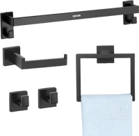 VEVOR Matte Black Bathroom Hardware Set, 5 Pieces Stainless Steel Bathroom Accessories Set, 24-inch Towel Bar, Towel Rack, 2 Robe Towel Hooks, Toilet Paper Holder, for Bath Room, Wall Mounted