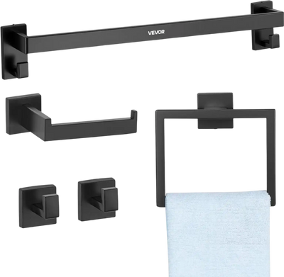 VEVOR Matte Black Bathroom Hardware Set, 5 Pieces Stainless Steel Bathroom Accessories Set, 24-inch Towel Bar, Towel Rack, 2 Robe Towel Hooks, Toilet Paper Holder, for Bath Room, Wall Mounted