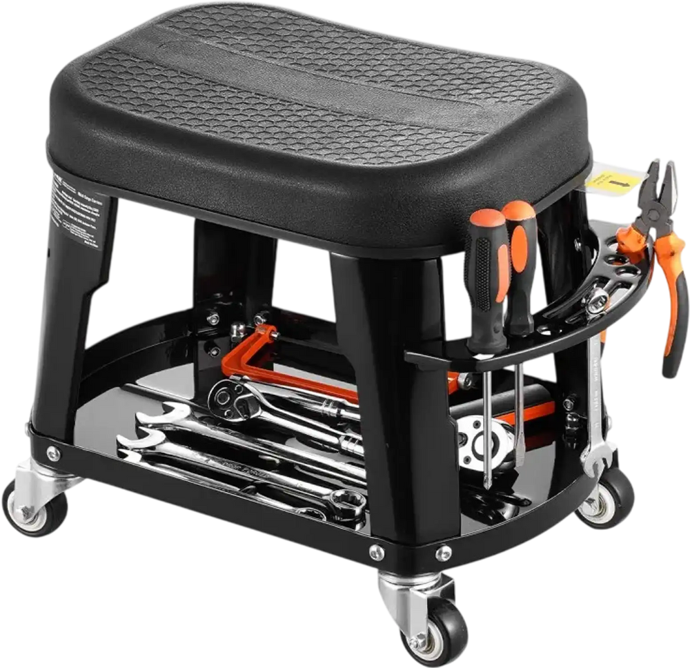 VEVOR Mechanic Stool, 300 lbs Capacity Garage Seat/Work Stool with Wheels, 360° Swivel Rolling Workshop Stool with Tool Tray and Screwdriver Rack, Heavy-Duty, for Garage, Shop & Auto Repair, Black