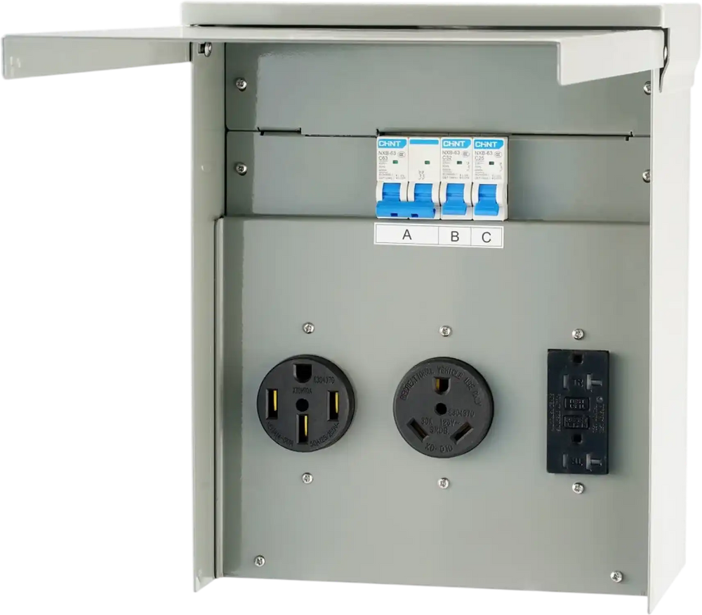 VEVOR Temporary Power Outlet Panel, 125/250V, RV Power Outlet Box with a 20/30/50 Amp Receptacle Installed, NEMA 14-50R / NEMA TT-30R / 15A GFCI for RV Camper Trailer Motorhome