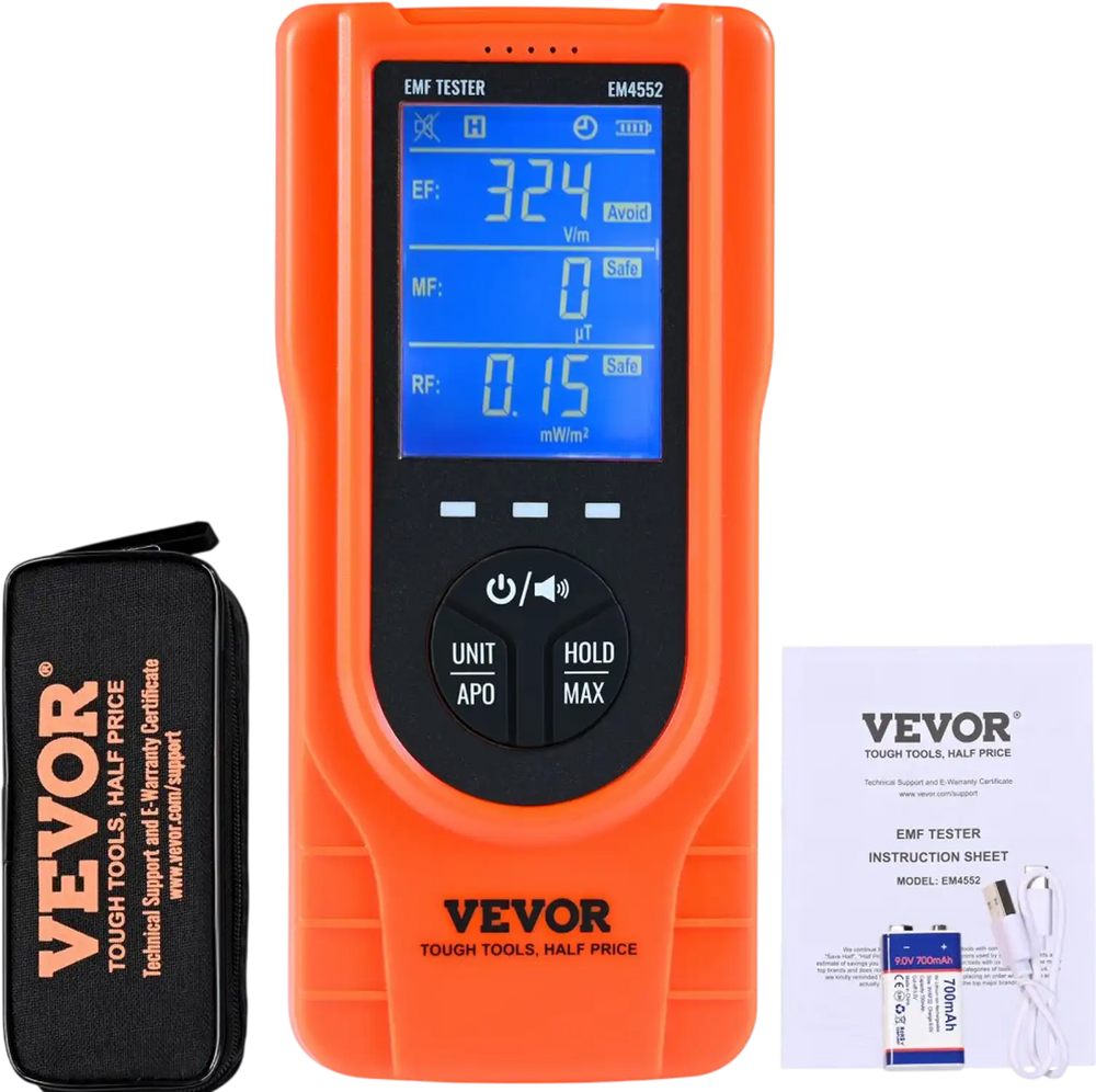 VEVOR 3-in-1 EMF Meter, 5Hz - 3.5GHz, Handheld Rechargeable Electromagnetic Field Radiation Detector, Digital LCD EMF Tester for EF MF RF Home Inspections Outdoor Ghost Hunting Paranormal Equipment