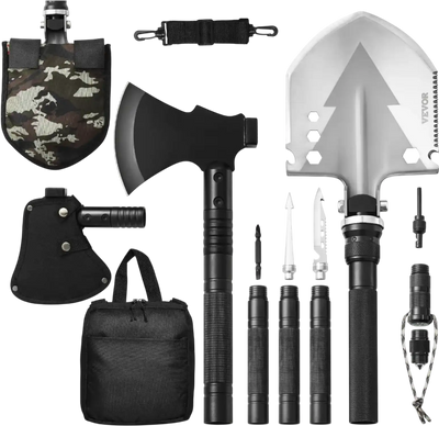 VEVOR Survival Shovel Survival Axe, 16-in-1 Camping Folding Shovels with Hatchet, Stainless Steel Tactical Shovel Hatchet Combo, Multifunctional Emergency Survival Gear Equipment for Camping Hiking