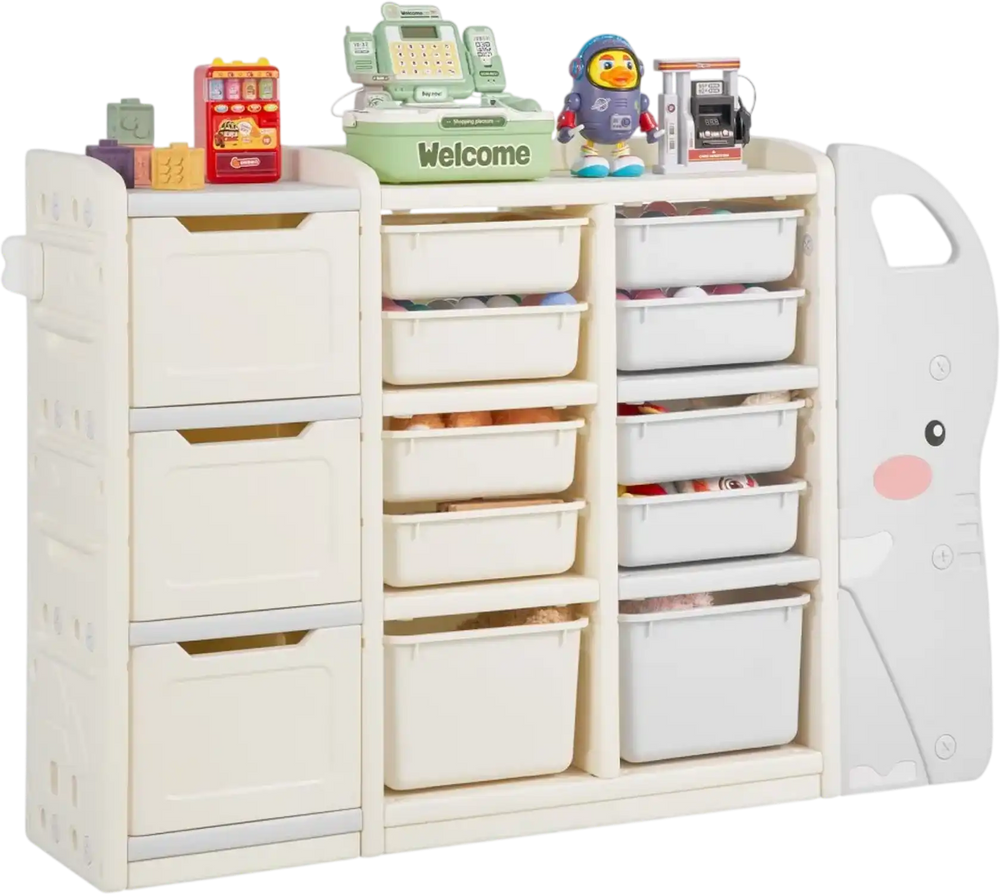 VEVOR Kids Toy Storage, 4-Tier Elephant-Shape Toy Storage Organizer with 10 Plastic Movable Bins, Kids Cubby Cabinet Made from HDPE for Study Room, Bedroom, Playroom, Classroom, Nursery, Gray + Beige
