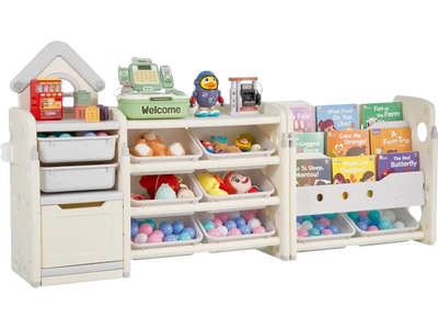 VEVOR Kids Toy Storage with Bookshelf, 4-Tier Toy Storage Organizer with 10 Movable Plastic Bins, Kids Cubby Cabinet with Bookshelf for Study Room, Bedroom, Playroom, Classroom, Nursery, Gray + Beige