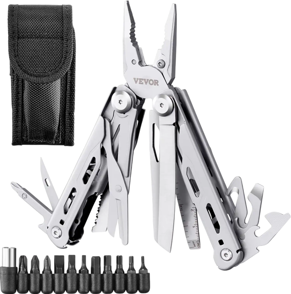 VEVOR 16-In-1 Multitool Pliers, Multi Tool Pliers, Cutters, Knife, Scissors, Ruler, Screwdrivers, Wood Saw, Can Bottle Opener, with Safety Locking and Sheath, for Survival, Camping, Hunting and Hiking
