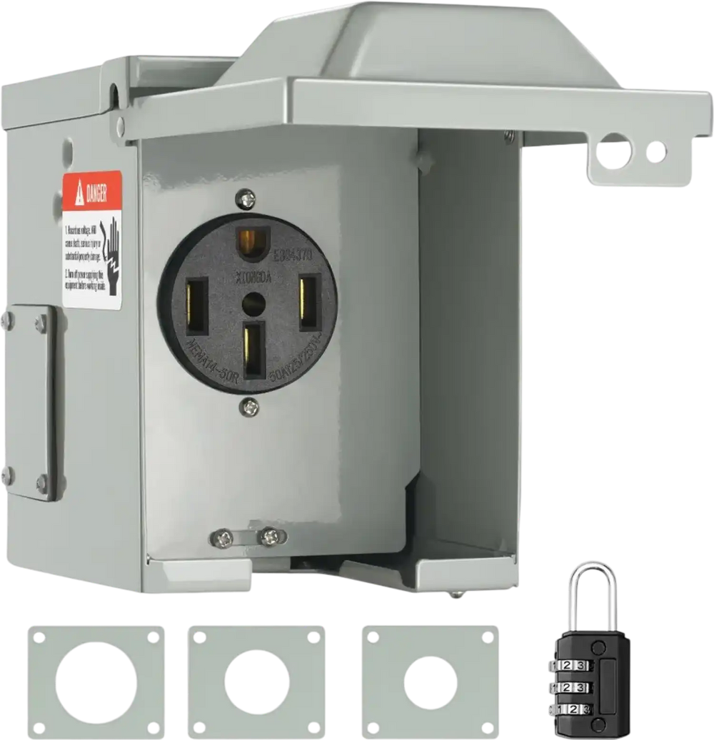 VEVOR 50 Amp RV Power Outlet Box, 125/250 Volt, Enclosed Lockable Outdoor RV Receptacle Box, NEMA 14-50R Weatherproof Electrical Panel, for RV Camper Trailer Motorhome