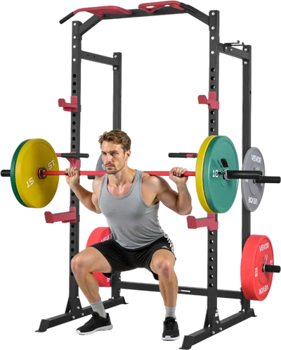 VEVOR Power Cage Power Rack, Multifunctional Barbell Squat Rack with Adjustable Height, Home Gym Strength Training Workout Equipment with J-Hooks & More Fitness Attachment for Bench Press Pull-Up Dips