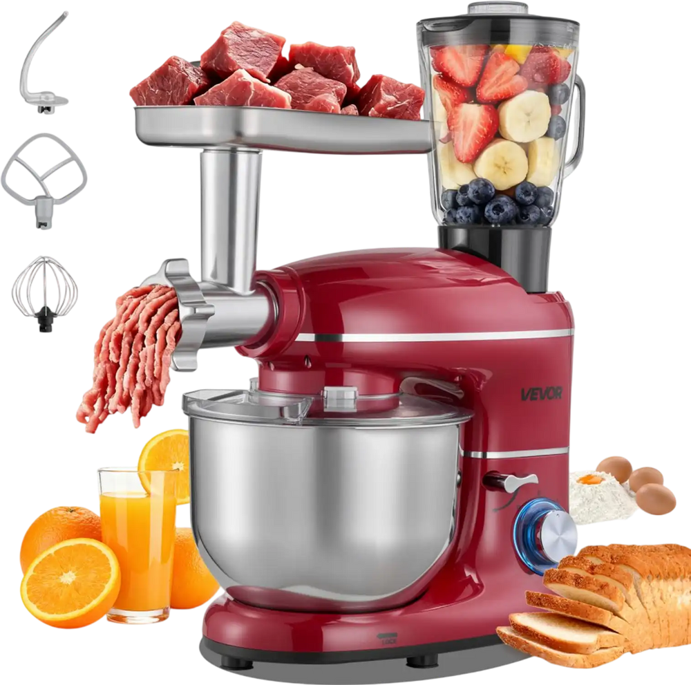 VEVOR Stand Mixer, 6 QT Electric Kitchen Mixer, 660W Dough-Mixer, 6+P Speeds Tilt-head Food-Mixer with 1.6 QT Blender Cup, Stainless Steel Bowl, Dough Hook, Whisk, Beater, for Baking, Mixing, Red