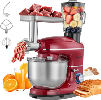 Vevor Stand Mixer 6 Qt 660W 5-in-1 Tilt-Head Food Mixer with 1.6 Qt Blender Cup Red New